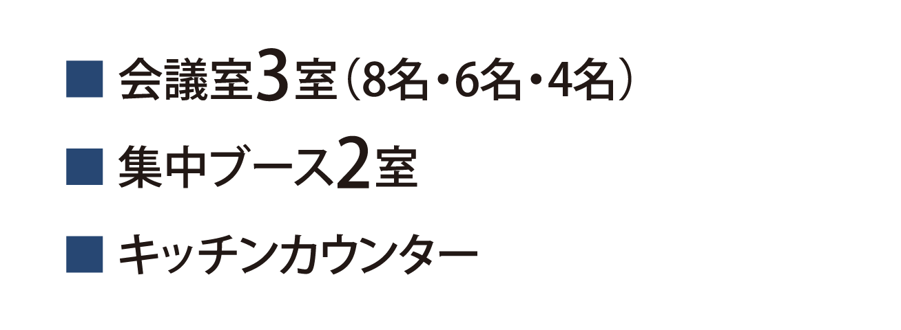 ■会議室3室（8名・6名・4名）■集中ブース2室■キッチンカウンター